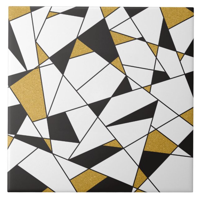 Modern Art Geometry -black and white with gold- Ceramic Tile (Front)