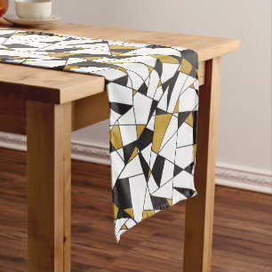 Modern Art Geometry -black and white with gold- Long Table Runner
