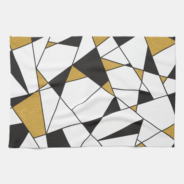 Modern Art Geometry -black and white with gold- Tea Towel (Horizontal)