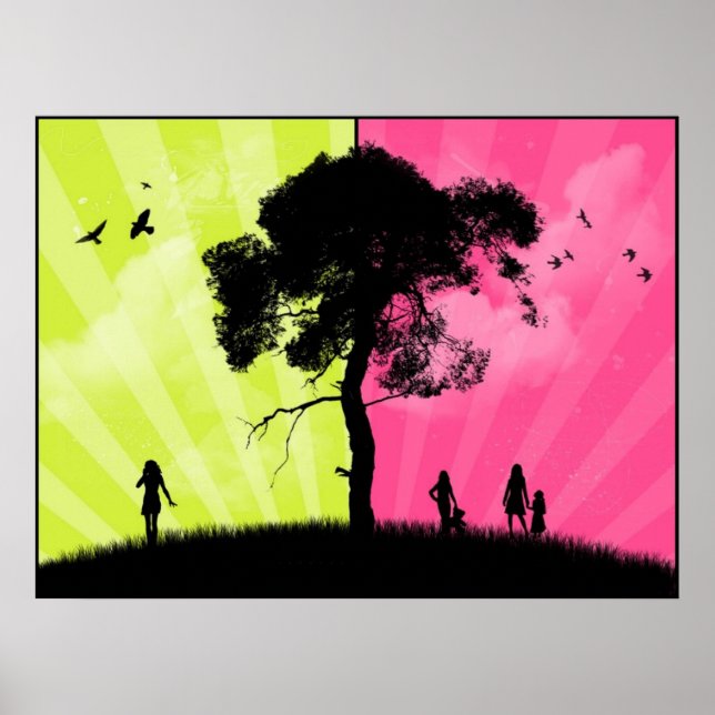 Modern Art - Green and Pink Sky With Tree Poster (Front)