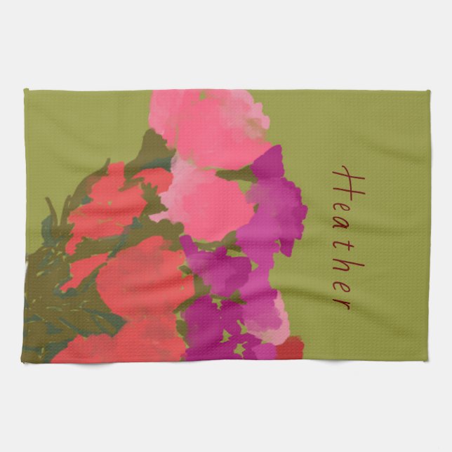Modern Art Happy Colourful Flowers +Custom Name Tea Towel (Horizontal)