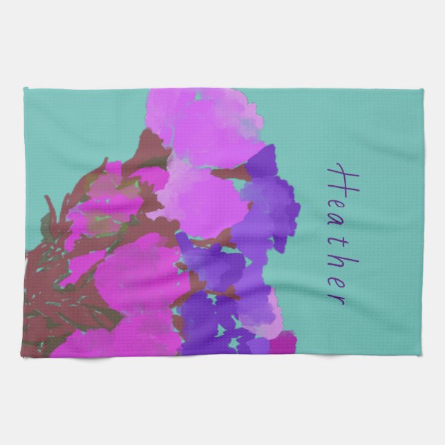 Modern Art Happy Colourful Flowers +Custom Name Tea Towel (Horizontal)