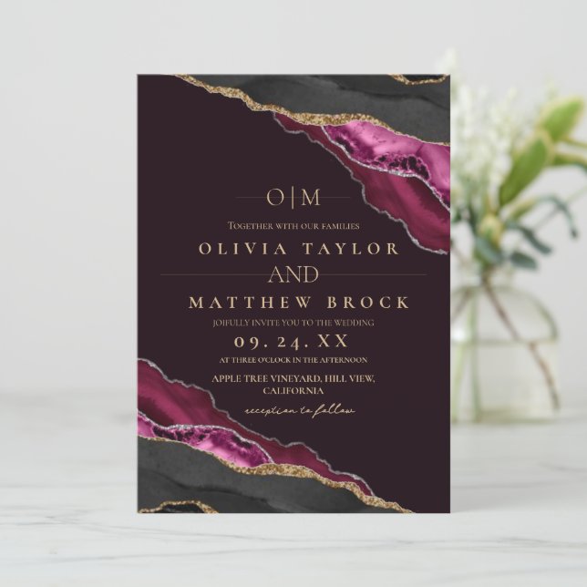 Modern Art Maroon and Gold Agate Wedding Invitation (Standing Front)