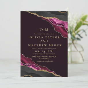 Modern Art Maroon and Gold Agate Wedding Invitation
