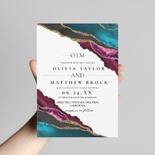 Modern Art Maroon Gray Turquoise Agate Wedding Invitation