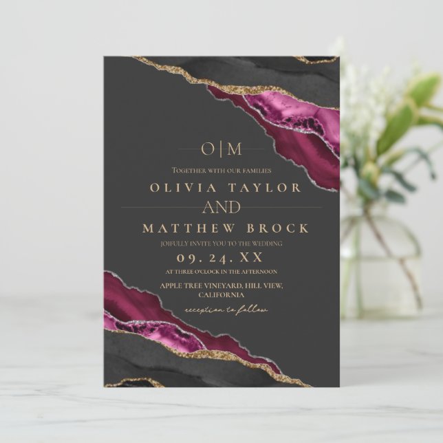 Modern Art Maroon Grey Silver Agate Wedding Invitation (Standing Front)