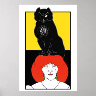 Modern Art Nouveau Beardsley Black Cat Goth Yellow Poster