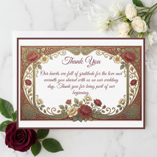 Modern Art Nouveau Gold Burgundy Florals Wedding Thank You Card