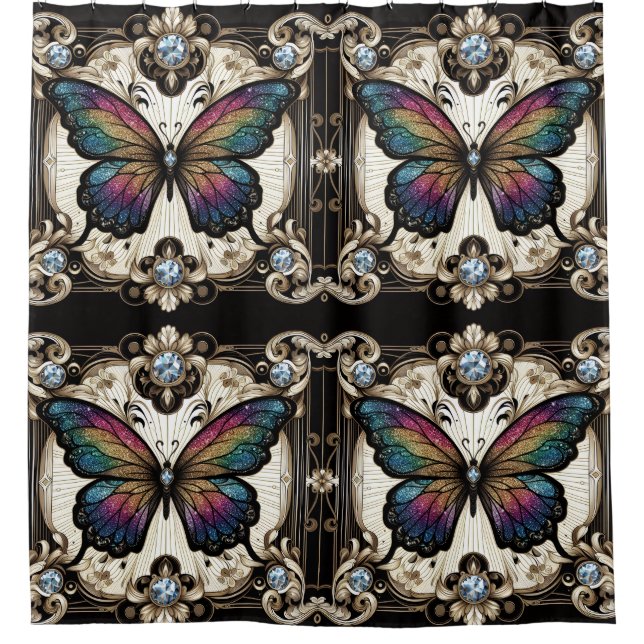 Modern Art Nouveau Rainbow Butterfly Shower Curtain (Front)