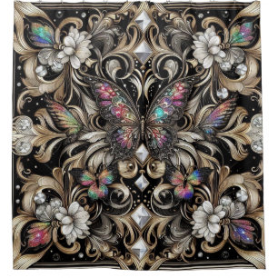 Modern Art Nouveau Rainbow Butterfly Shower Curtain