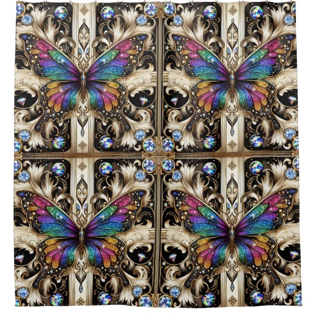 Modern Art Nouveau Rainbow Butterfly Shower Curtain (Front)
