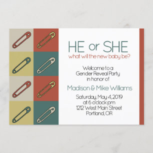 Modern Art Safety/Diaper pin Gender Neutral Reveal Invitation