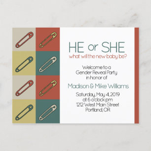 Modern Art Safety/Diaper Pin Gender neutral Reveal Invitation Postcard
