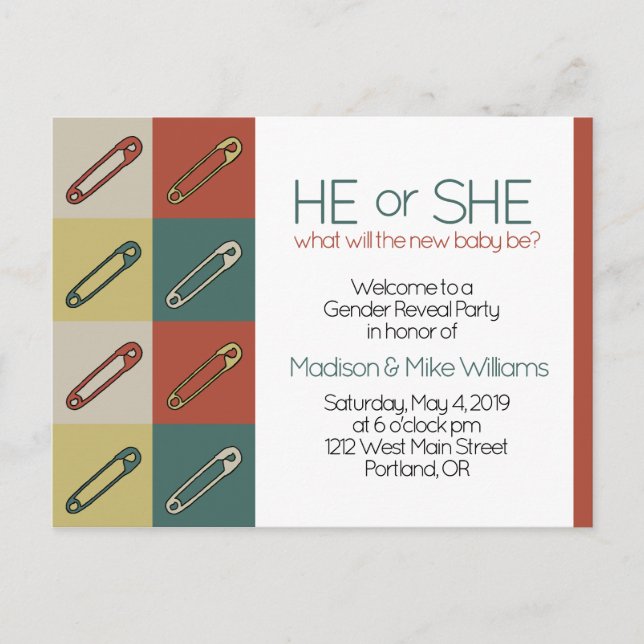 Modern Art Safety/Diaper Pin Gender neutral Reveal Invitation Postcard (Front)