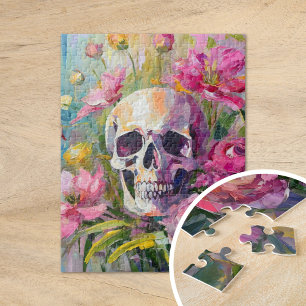 Modern Art Still Life Abstract Skull and Flowers Jigsaw Puzzle