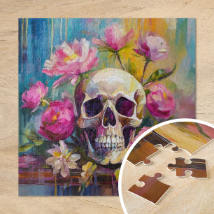 Modern Art Still Life Abstract Skull and Flowers Jigsaw Puzzle