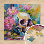 Modern Art Still Life Abstract Skull and Flowers Jigsaw Puzzle<br><div class="desc">A modern impressionist-style painting depicting a still life of a skull surrounded by vibrant flowers in bright pastel colours. The soft yet lively brushstrokes blend shades of pink, green, blue, and yellow, creating a contrast between the delicate florals and the stark, symbolic skull. This artwork offers a fresh take on...</div>