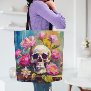 Modern Art Still Life Abstract Skull and Flowers Tote Bag