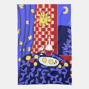 Modern Art Still Life with Lemons and Wine  Tea Towel