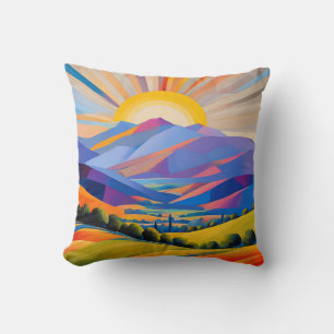 Modern Art Sunrise Over Hills With Trees Cushion