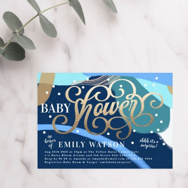 Modern Art Surprise Boy Gold Lettering Baby Shower Invitation (Creator Uploaded)