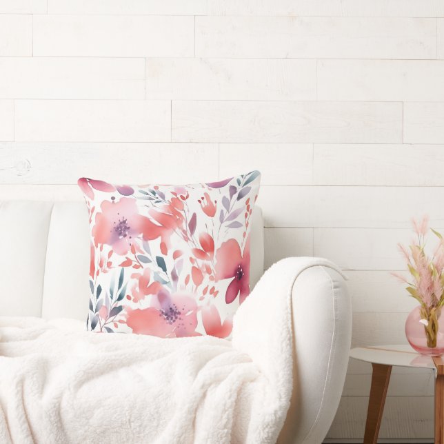 Modern Art Teal, Coral, Plum Floral Cushion (Couch)