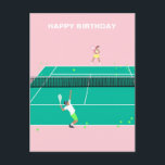 Modern Art Tennis Match Player Happy Birthday Postcard<br><div class="desc">Modern tennis match illustration of a two tennis players on a pastel pink and green tennis court. Summer abstract classic preppy tennis illustration design. Modern trendy tennis gifts for him and her. Personalised Gift for a tennis player. Trendy tennis theme players home decor. Trendy modern tennis themed player gifts. Cool...</div>