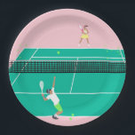 Modern Art Tennis Match Player Pink Green   Paper Plate<br><div class="desc">Modern tennis match illustration of a two tennis players on a pastel pink and green tennis court. Summer abstract classic preppy tennis illustration design. Modern trendy tennis gifts for him and her. Personalised Gift for a tennis player. Trendy tennis theme players home decor. Trendy modern tennis themed player gifts. Cool...</div>