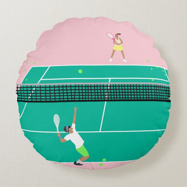 Modern Art Tennis Match Player Pink Green   Round Cushion (Front)