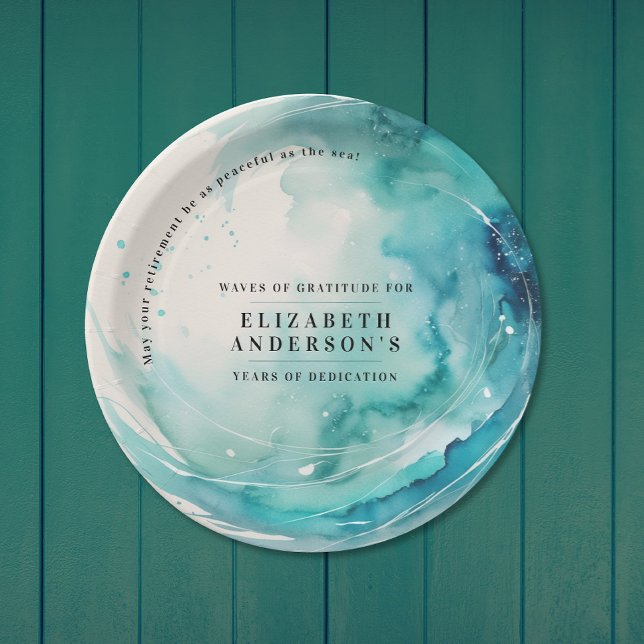 Modern Art Turquoise Blue Wave Ocean Watercolor Paper Plate (Creator Uploaded)