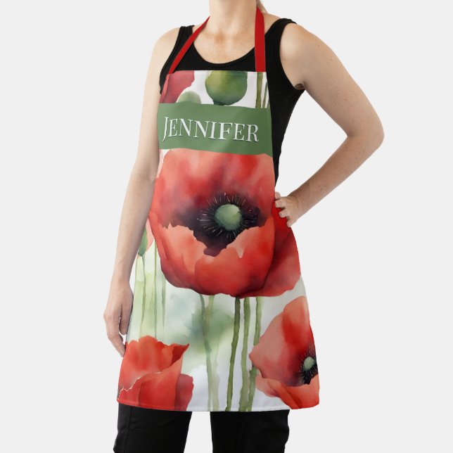 Modern Art Watercolor Red Poppies Apron (Insitu)