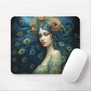 Modern Art with Woman and Peacock Feathers Mouse Pad