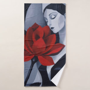 Modern Art Woman with Red Rose Bath Towel