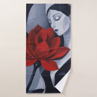 Modern Art Woman with Red Rose Bath Towel