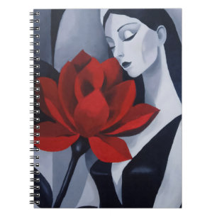 Modern Art Woman with Red Rose Spiral Notebook