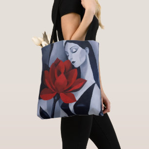 Modern Art Woman with Red Rose Tote Bag