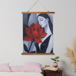 Modern Art Woman with Red Rose Wood Topped Tapestr Hanging Tapestry