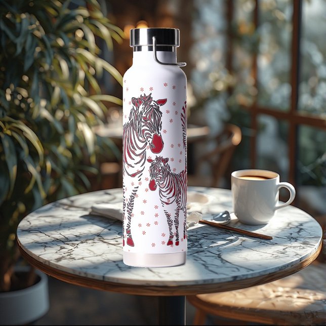 Modern Art Zebras Mother Babies Red Snowflakes Water Bottle (Modern Art Zebras Mother Babies Red Snowflakes Water Bottle)