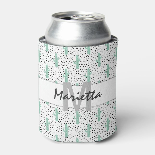 Modern Artistic Abstract Cactus Monogram Can Cooler (Can Front)