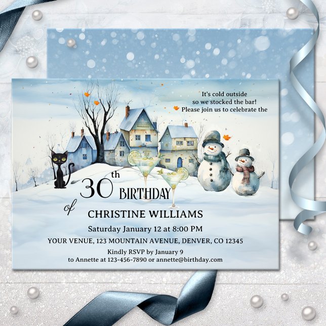 Modern Artistic Adult Winter Birthday Party  Invitation (Adult winter birthday invitation featuring a watercolor snow covered landscape with a black cat)