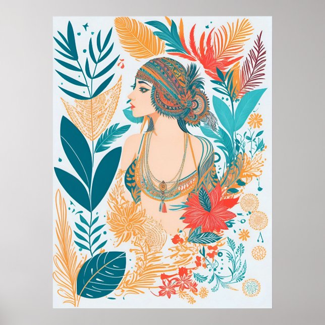 Modern Artistic Boho Feathers Woman AI Art Poster (Front)