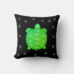 Modern Artistic Green Tortoise & Flowers on Black Cushion