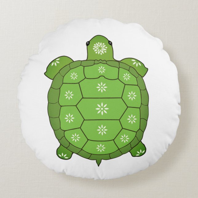 Modern Artistic Green Tortoise on White Round Cushion (Front)