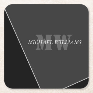 Modern Artistic Grey Black Monogram Business Card Square Paper Coaster