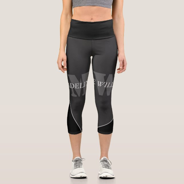 Modern Artistic Grey Black Monogram Capri Leggings (Front)