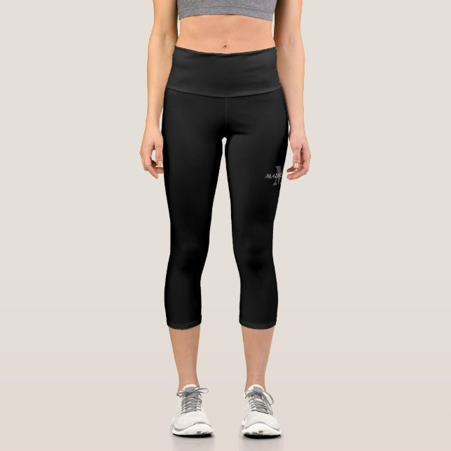 Modern Artistic Grey Black Monogram Capri Leggings (Front)