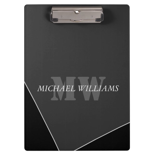 Modern Artistic Grey Black Monogram Clipboard (Front)
