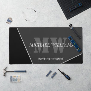Modern Artistic Grey Black Monogram Desk Mat