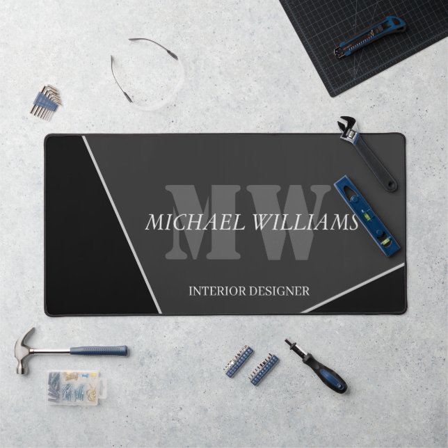 Modern Artistic Grey Black Monogram Desk Mat (Workstation)