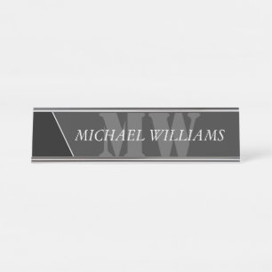 Modern Artistic Grey Black Monogram Desk Name Plate